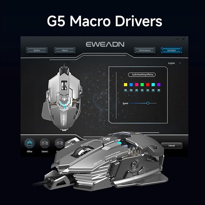 SEUNKWANG EWEADN G5 Wired Gaming Mouse, Ergonomic RGB Computer Mouse, 12800 Adjustable DPI, 9 Programmable Macro Buttons with Rapid Fire Key Compatible for PC/Laptop/Windows-Grey&White