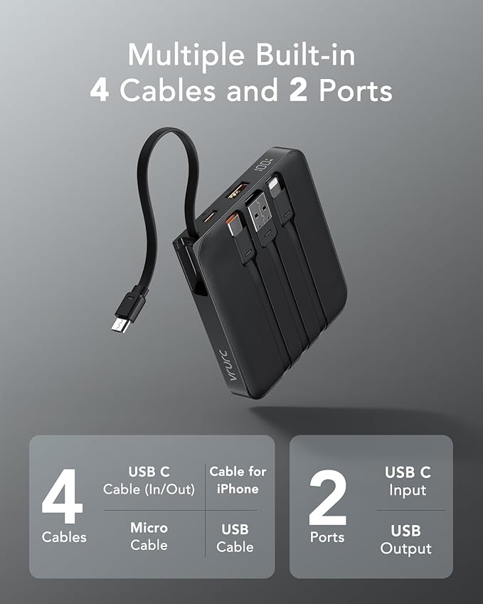 VRURC Portable Charger with Built-in Cable, 10000mAh 22.5W Fast Charging USB C Battery Pack, Cell Phone Power Bank for iPhone 17 16 15 Series Android Tablet (Black)