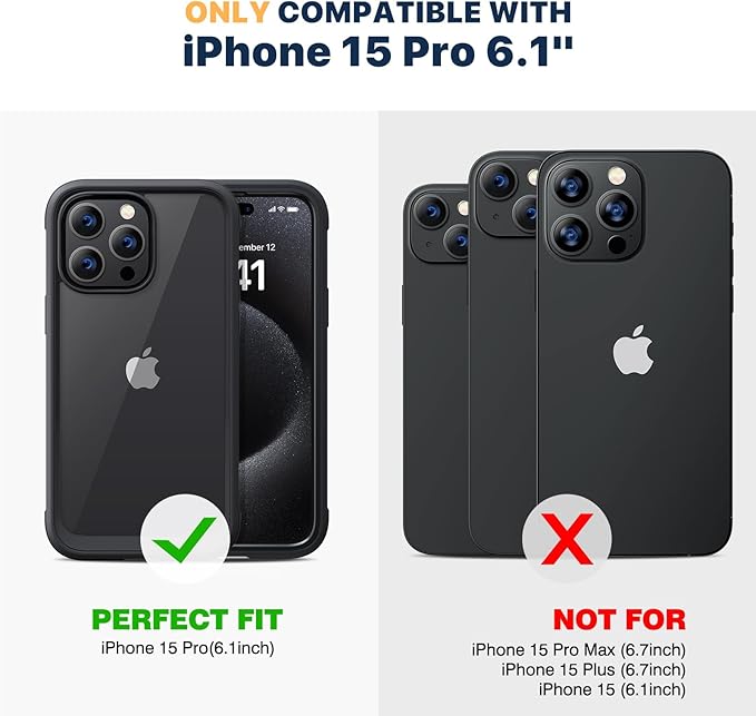 Diaclara Designed for iPhone 15 Pro Case, [Military-Grade Drop Proof] Full-Body Bump Case with Built-in Shockproof Screen Protector, [Camera Lens Protector] Phone Cover for iPhone 15 Pro 6.1"(Black)