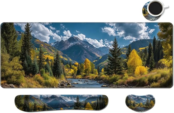 MIBITRI Keyboard Mouse Pad Set, Extended Gaming Mouse Pad+Ergonomics Keyboard Wrist Rest Support, Memory Foam, Easy Typing Pain Relief, 4Pcs XXL Ultra Thick Desk Mat, Nature Forest