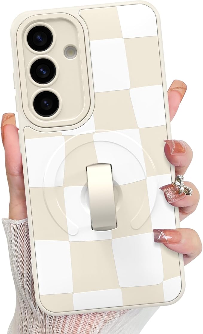 KANGHAR Compatible with Samsung Galaxy S25 Case, Support for MagSafe, Silicone Checkered Cute Pattern, Wristband Kickstand Camera Protection Soft Slim Cover for Girls Women -White
