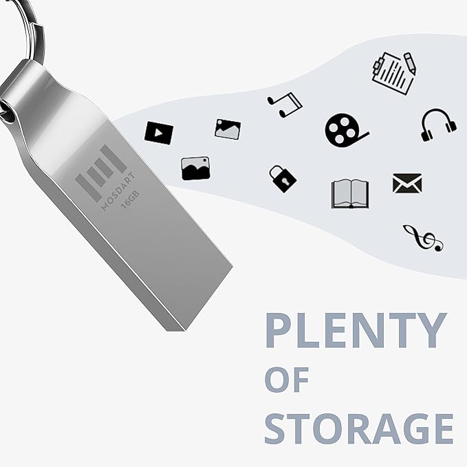 MOSDART Waterproof 16GB USB2.0 Flash Drive, FAT32 Metal Memory Stick with Keychain, for System Back, Data Storage, Silver