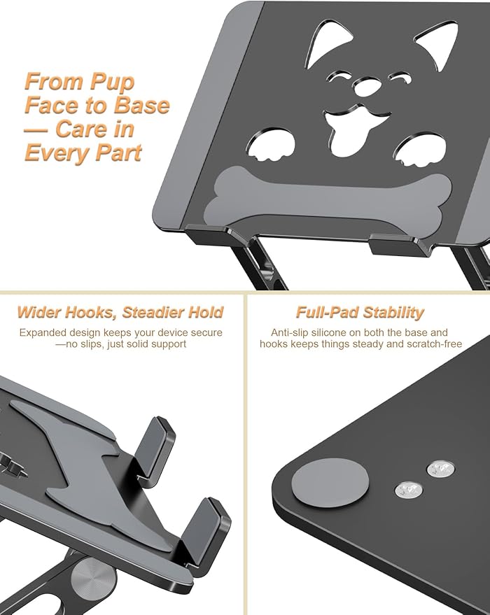 Aoviho Laptop Stand for Desk-Adjustable, Foldable, Portable, Ergonomic Aluminum Notebook Riser with Unique Puppy Cooling Vent, Desk Gift for 10"-17.3" Devices Mac, Dell, HP, Lenovo, Samsung, Black