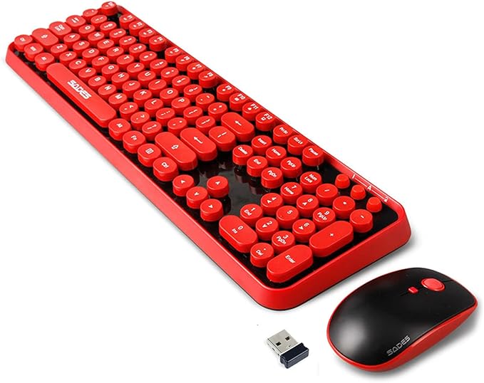 Red Wireless Keyboard and Mouse Combo, Retro Typewriter Style Round Key Keyboard with Bubble Keycaps, 2.4GHz Full Size with Number Pad, Cute Aesthetic Clicky Creamy Keyboard for PC Laptop Desktop