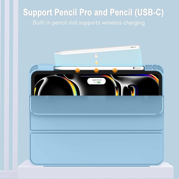 ZryXal New iPad Pro 13 Inch Case (M5) 2025 / (M4) 2024 with Pencil Holder, Smart iPad Case [Support Pencil Pro and Pencil (USB-C)], Support Touch ID and Auto Wake/Sleep (Azure Blue)
