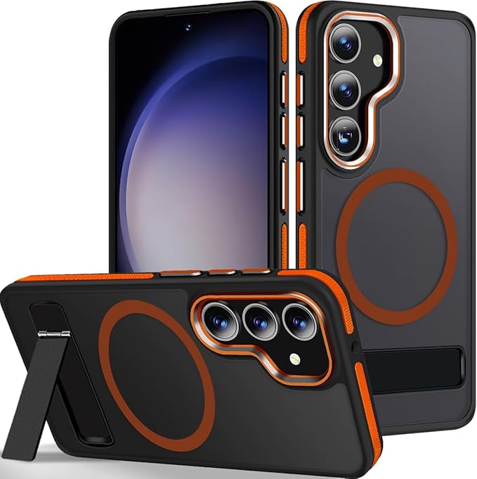 MALEWOLF Case for Galaxy S23 FE with 3 Modes Stand, Compatible with Magsafe, Color Hybrid Shockproof with Anti-Slip Edge, Matte Translucent Phone Case for Galaxy S23 FE (Black/Orange)