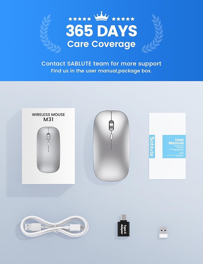 SABLUTE M31 Bluetooth Mouse for MacBook Pro/Air, iPad - Rechargeable Tri-Mode Wireless Mouse for 3 Devices (BT 5.2 + 2.4G), Sleek Silver Slim Silent Mouse for Surface, Windows