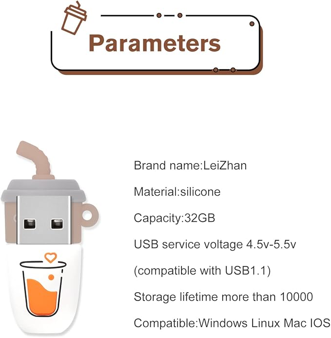 32GB Cute USB Flash Drive Computer Memory Stick Funny USB Pendrive for Teachers, Students, Family and Friends - Pink Coffee