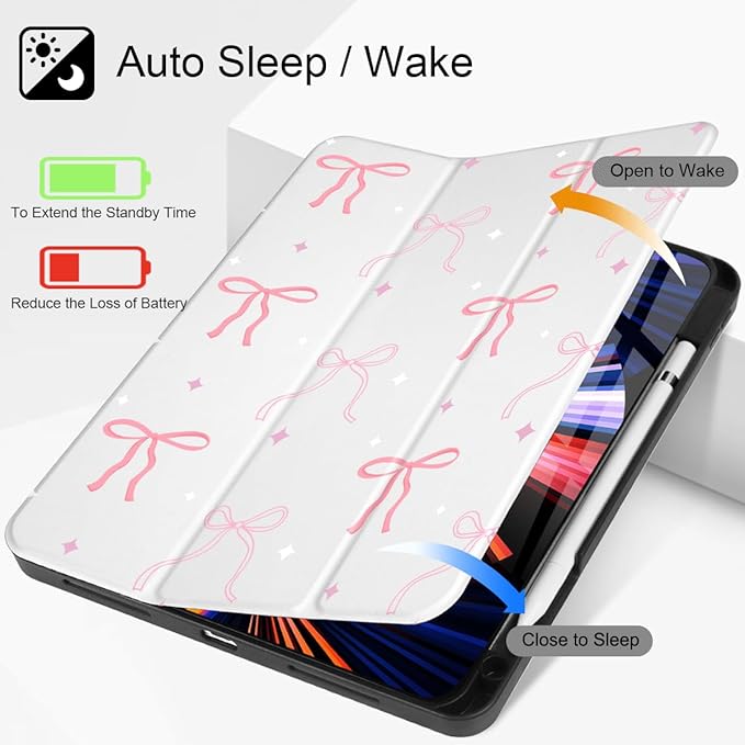 Tuiklo for iPad Pro 12.9 inch 6th / 5th / 4th / 3rd Generation 2022 2021 2020 2018 Release Case- Built in Pencil Holder Slim Protective Cover with Auto Wake/Sleep, Pink White Bows