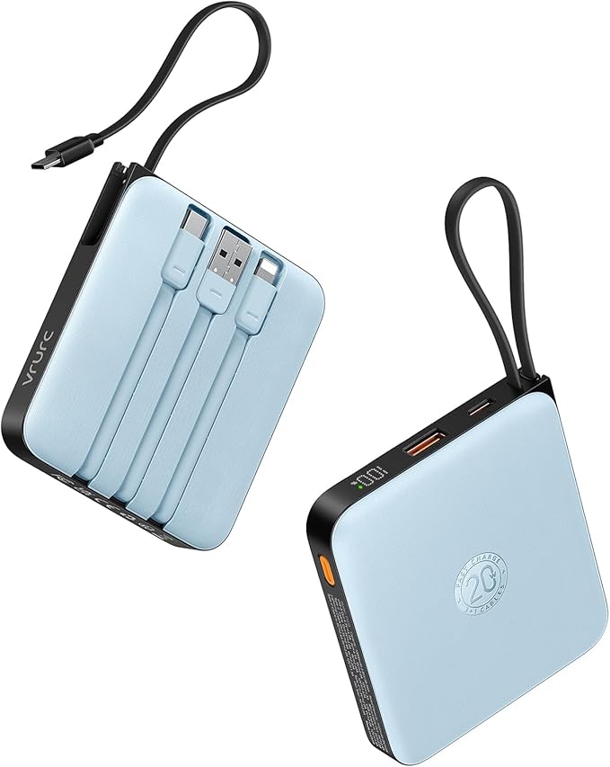 VRURC Portable Charger for iPhone with Built-in Cable, 10000mAh 22.5W Fast Charging USB C Battery Pack, Cell Phone Power Bank for iPhone 17 16 15 & Other Series (Blue)