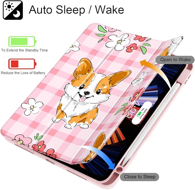 May Chen Case for iPad Pro 11-Inch M5/M4 2025/2024 (6th/5th Generation), [Penceil Holder] Trifold Stand Auto Wake/Sleep Clear TPU Protection Back Cover, Corgi Dog Stripes