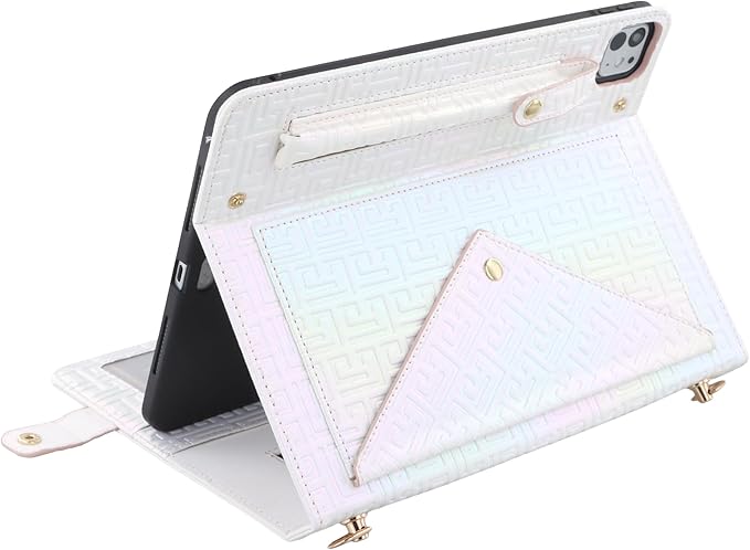 Shiny Case for iPad Pro 11" 2018-2022 / Air 10.9" 11" Handbag with Hand Strap, Techcircle Crossbody Iridescent Folio Stand Wallet Case with Pencil Holder+Card Slots+Shoulder Strap, Shiny White