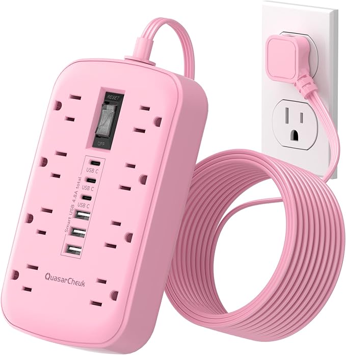 Pink Extension Cord with Surge Protector - 5 FT Kawaii Power Strip, Cute Extension Cord with 6 USB(3 USB C) and 8 Outlets, Pink Desk Accessories for Girl Cute Kawaii Room Decor Gifts Office Dorm Home
