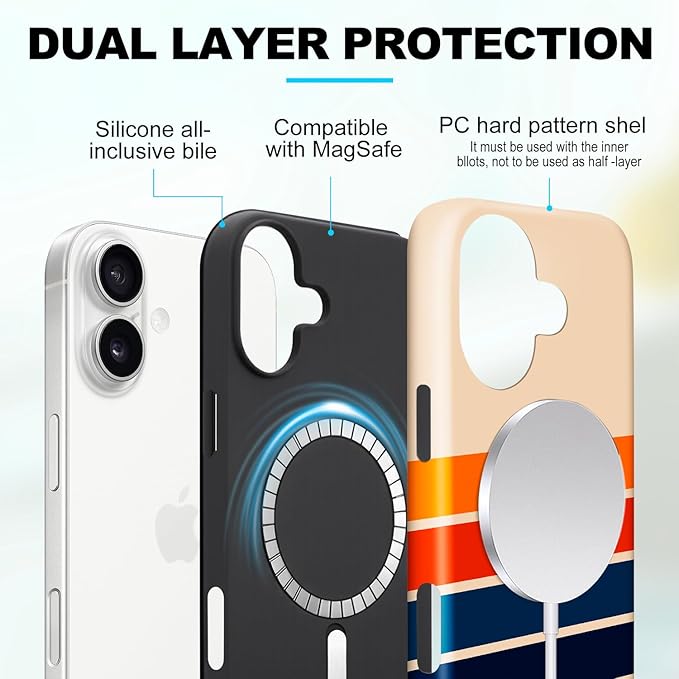 Magnetic for iPhone 17 Case Cute Stripes Phone Case, Shockproof Slim TPU and Hard PC Protective Phone Cover Compatible with MagSafe Designed for Women Girls,Retro