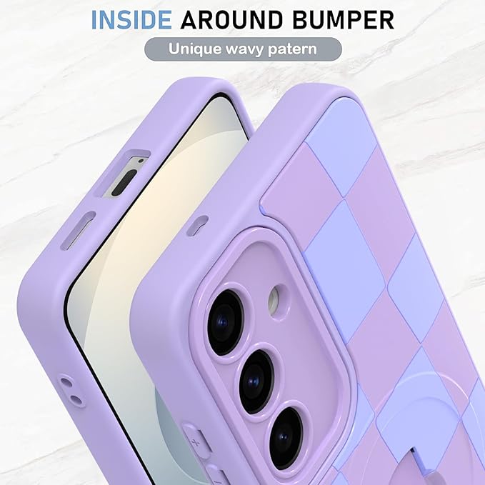 KANGHAR Compatible with Samsung Galaxy S25 Case, Support for MagSafe, Silicone Checkered Cute Pattern, Wristband Kickstand Camera Protection Soft Slim Cover for Girls Women -Purple