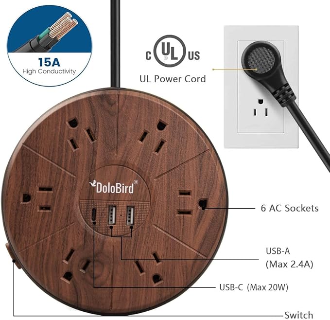 Power Strip Surge Protector 6 AC outlets with USB and USB-C PD 20W Fast Charging 15A 1875W high Power Output Widely Spaced Multi outlets Circuit Breaker Safeguard for Home,Office, Dorm Room