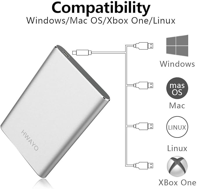 HWAYO 500GB Portable External Hard Drive, USB3.1 Gen 1 Type C Ultra Slim 2.5'' HDD Storage Compatible for PC, Desktop, Laptop, Mac, Xbox One (Silver)