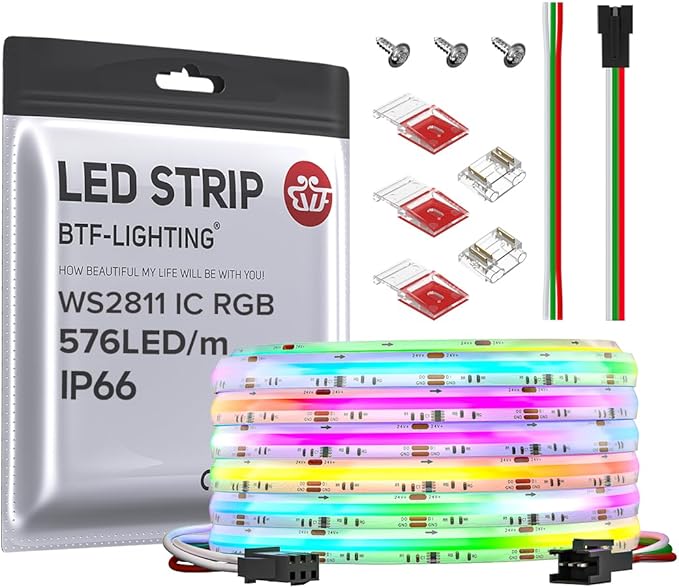 BTF-LIGHTING FCOB IP66 WS2811 IC RGB COB LED Strip 16.4FT DC24V 576LED/m Flexible High Density Color Chasing Uniform Light 16IC/m 10mm Width for Indoor Lighting Project(No Adapter or Controller)