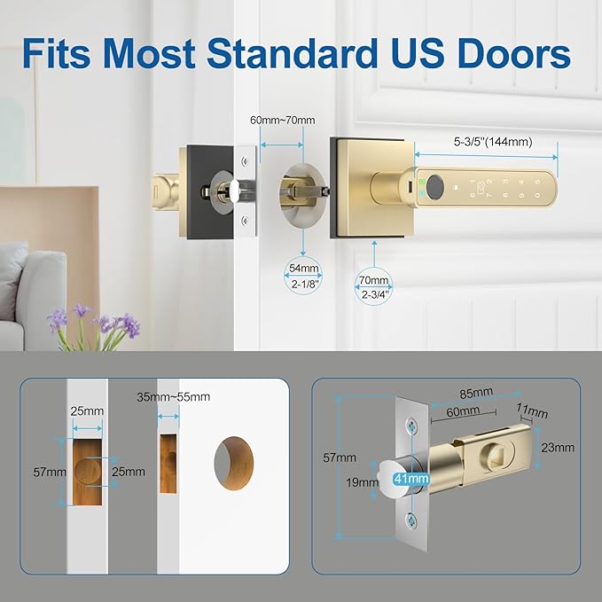 BIWIBON Fingerprint Door Lock, 5 in 1 Finger Print Door Knob with Smart APP/Fingerprint/IC Cards/Password/Backup Keys, Smart Door Knob with Keypad for Bedroom, Office, Apartment, Gold