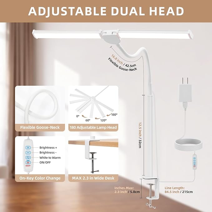 Voncerus LED Desk Lamp for Home Office, Double Head Architect Light with Clamp, Computer Monitor Clip on Light, 3 Modes and 10 Brightness, Adjustable Flexible Goose-Neck, Table Task Lamp, White