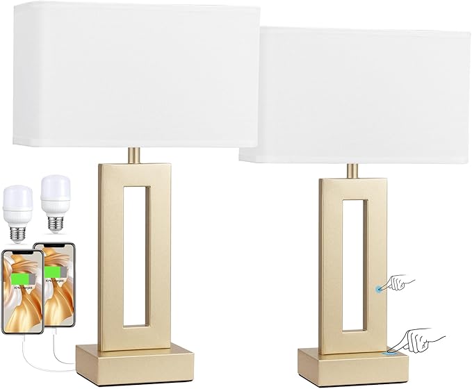 Seealle Bedroom Table Lamps Set of 2 - Touch Bedside Lamps with USB C+A, 3 Way Dimmable Gold Lamp for Nightstand, Modern Night Stands Lamps for Living Room End Tables Desk Bed Side Study Room(16.4n)