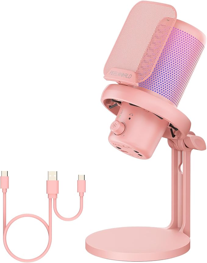 FEELWORLD VM1 Pink Gaming PC USB Microphone Condenser Mic with Noise Cancellation Mute RGB Light, Computer Accessories Gifts for Gamer YouTube Twitch Podcast Streaming Recording Online Chat PS4 PS5