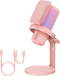 FEELWORLD VM1 Pink Gaming PC USB Microphone Condenser Mic with Noise Cancellation Mute RGB Light, Computer Accessories Gifts for Gamer YouTube Twitch Podcast Streaming Recording Online Chat PS4 PS5