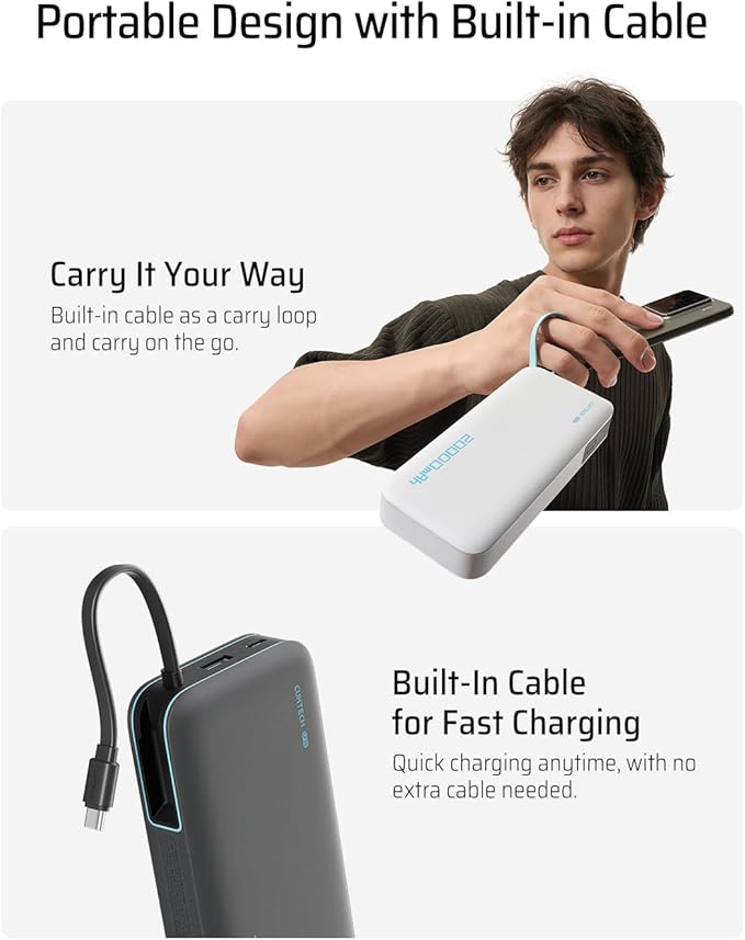 CUKTECH 45W Power Bank 20000mAh, Portable Travel Charger Built-in USB C Cable, Fast Charging Battery Pack for iPhone 16/15/14/13, iPad, Samsung Galaxy, Google Pixel, Android and More (White)