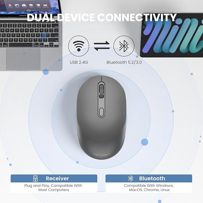 TECKNET Bluetooth Wireless Mouse, Bluetooth 5.0 & 2.4G USB Receiver, Compact & Portable, Silent Click, Ergonomic Symmetrical Design, 18-Month Battery, Adjustable DPI, Wide Compatibility - Grey