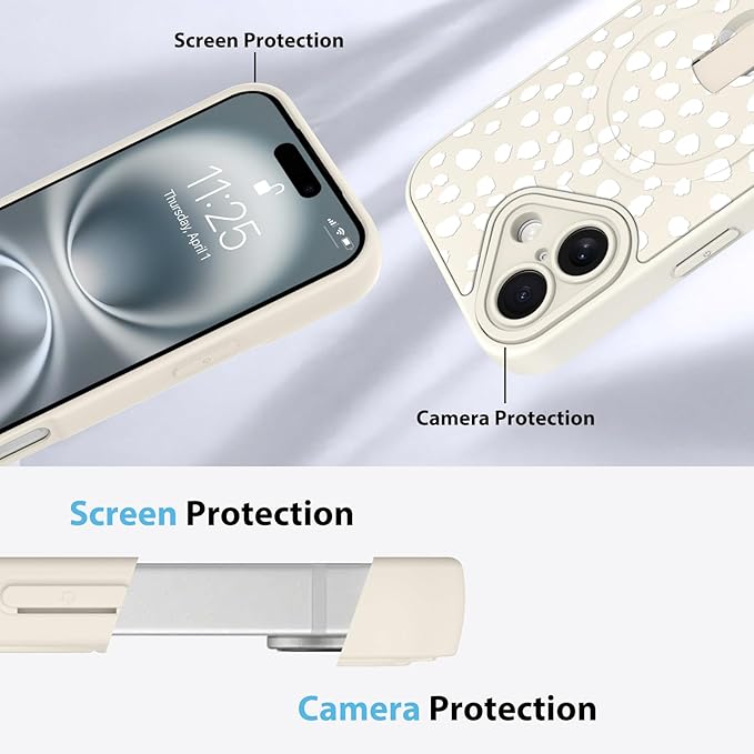 KANGHAR Compatible with iPhone 16 Case, Support for MagSafe, Silicone Speck Leopard Cute Pattern, Wristband Kickstand Camera Protection Soft Slim Cover for Girls Women -White