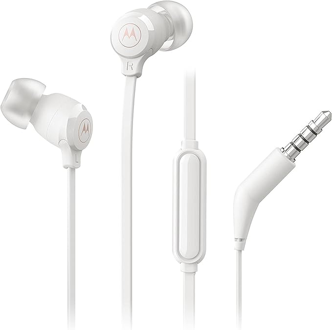 Motorola Earbuds 3-S Wired Earbuds with Microphone - Corded in-Ear Headphones, Comfortable Lightweight Silicone Ear Buds, Non-Tangle Flat Cable, 9.4mm Drivers Clear Bass Sound - White