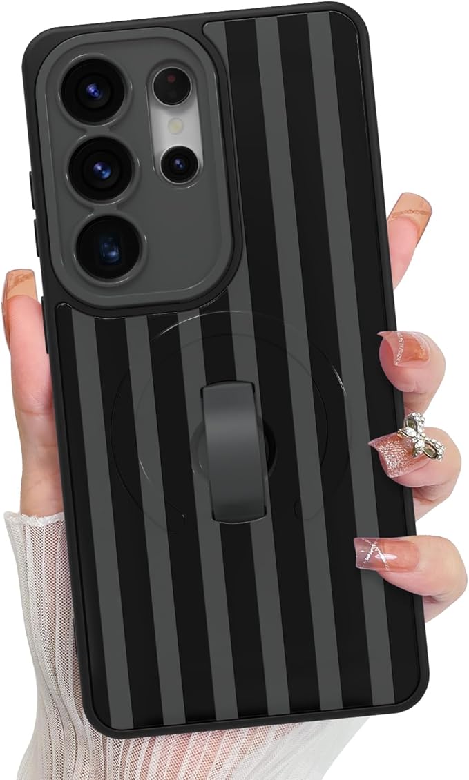 KANGHAR Compatible with Samsung Galaxy S26 Ultra Case, Support for MagSafe, Silicone Stripes Cute Pattern, Wristband Kickstand Camera Protection Soft Slim Cover for Girls Women -Black