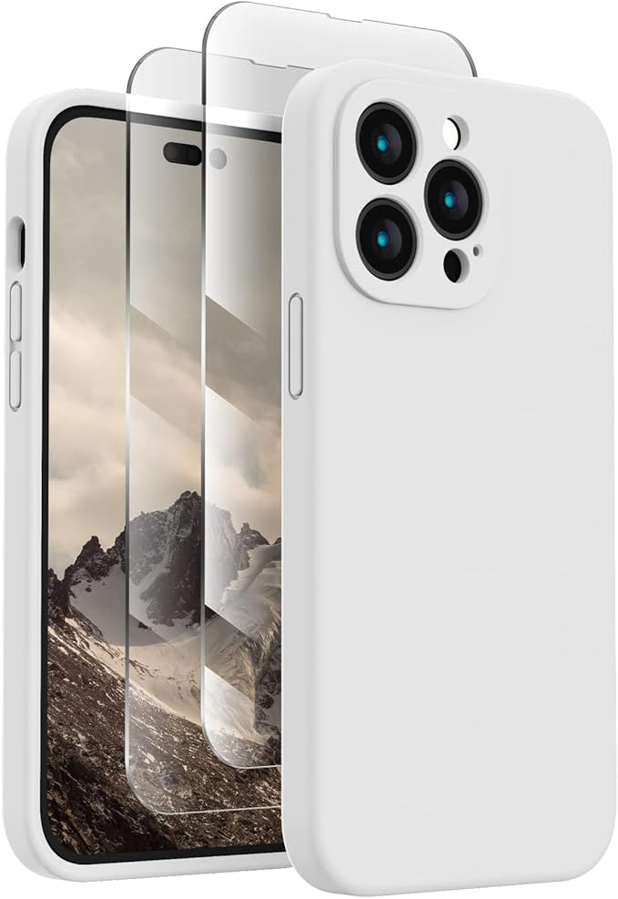 FireNova for iPhone 14 Pro Case, Silicone Upgraded [Camera Protection] Phone Case with [2 Screen Protectors], Soft Anti-Scratch Microfiber Lining Inside, 6.1 inch, White