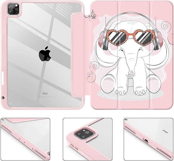 Tuiklol for iPad Pro 11 Inch Case M2 2022 Gen 4th -Built-in Pencil Holder Shockproof Cover Clear Transparent Back Shell Fit for iPad 11’’ 2021 2020 2018 Gen 3rd/2nd/1st for Kid, Lovely Elephant-Pink
