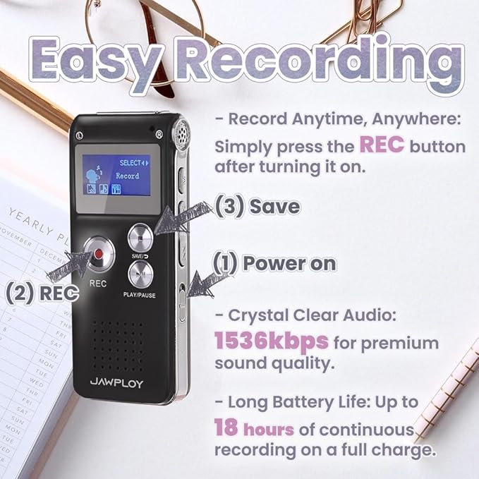 64GB Digital Voice Recorder for Lectures Meetings Voice Activated Recording Device with Playback, Portable Audio Recorder Small Tape Recorder Dictaphone, Interviews, USB, MP3, Password