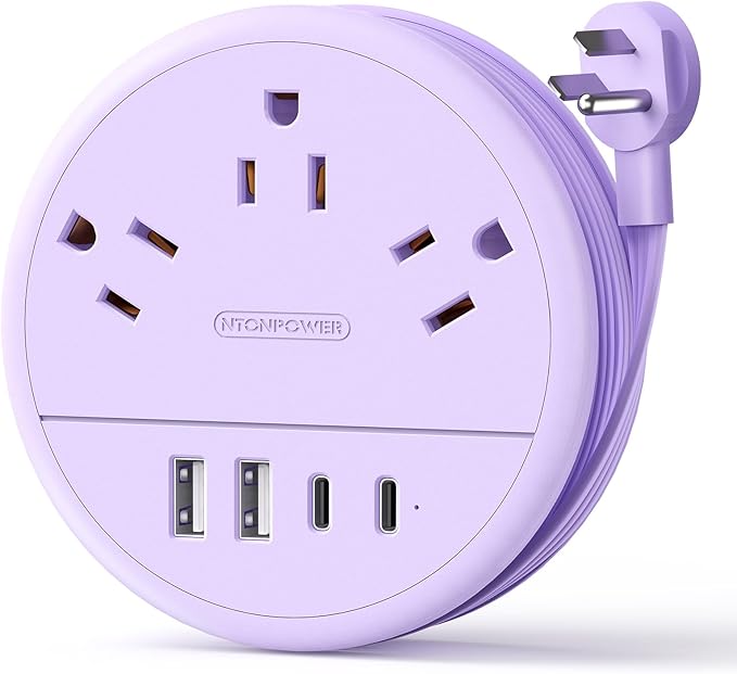 NTONPOWER Purple Travel Power Strip with 3 AC Outlet 4 USB(2 USB C), Dorm Room Essentials 4FT Flat Extension Cord, Purple Desk Accessories Compact fo for Hotel Travel Cruise Essentials