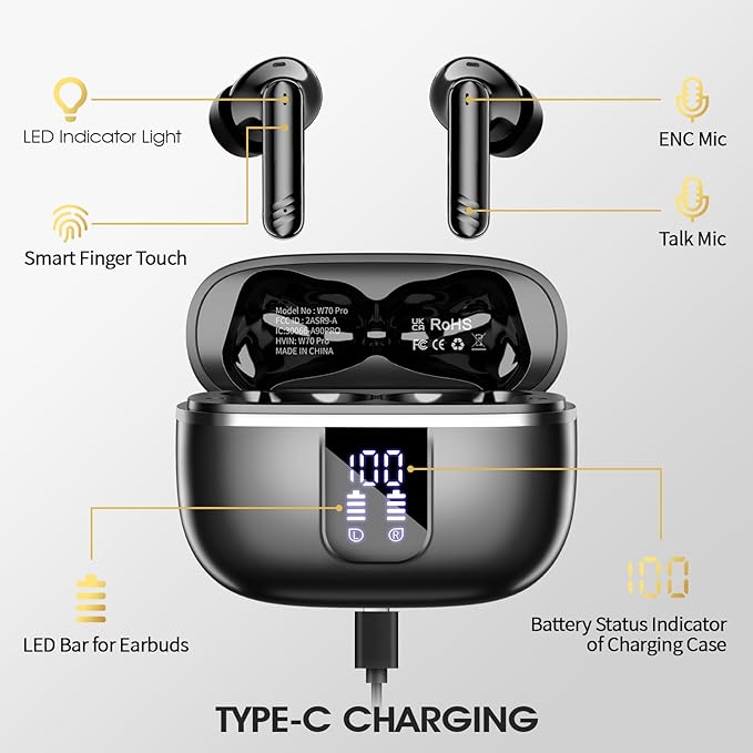 Wireless Earbuds, Bluetooth 5.4 Headphones with 4 Noise Cancelling Mic, 46H In-Ear Buds with 3D Bass Stereo Sound, Small Ears, LED Display, Calls Sports Workout, IPX7 Earphones for Android iOS, Black