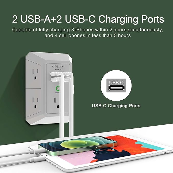 USB Wall Charger, Surge Protector, QINLIANF 5 Outlet Extender with 4 USB Charging Ports(2U2C) 3-Sided 1680J Power Strip Multi Plug Outlets Wall Adapter Spaced for Home Travel Office, Grey
