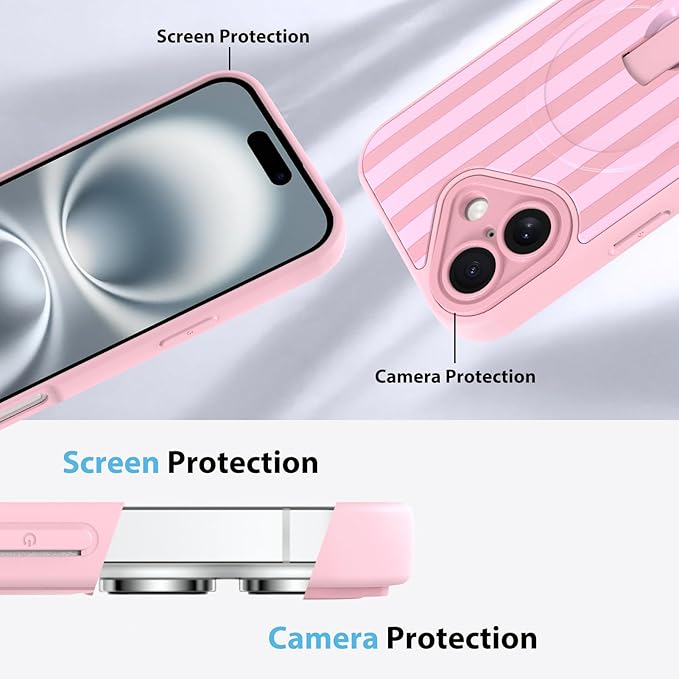 KANGHAR Compatible with iPhone 16 Case, Support for MagSafe, Silicone Stripes Cute Pattern, Wristband Kickstand Camera Protection Soft Slim Cover for Girls Women -Pink