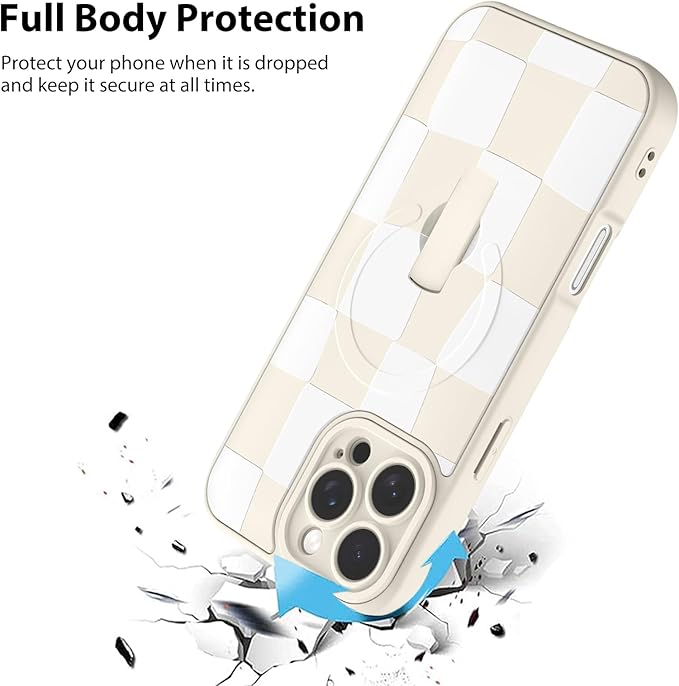 KANGHAR Compatible with iPhone 16 Pro Max Case, Support for MagSafe, Silicone Checkered Cute Pattern, Wristband Kickstand Camera Protection Soft Slim Cover for Girls Women -White