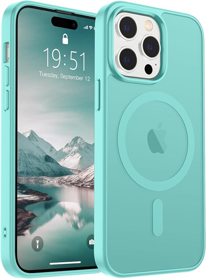 SUPFINE Magnetic for iPhone 14 Pro Max Case (Compatible with MagSafe) (Military Grade Drop Protection) Translucent Matte Shockproof Phone Cover,Blue Green