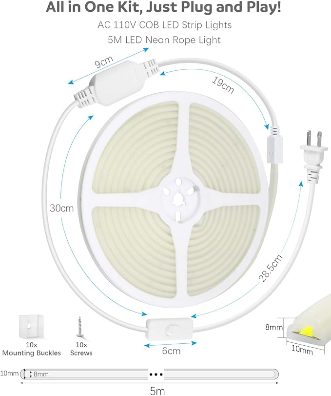 ALITOVE 110V 120V LED Strip Lights Waterproof 16.4ft COB Style Super Bright Daylight White LED Strip Lights 6000k CRI90+ for Indoor Outdoor Home Commercial Lighting(No Remote Version)