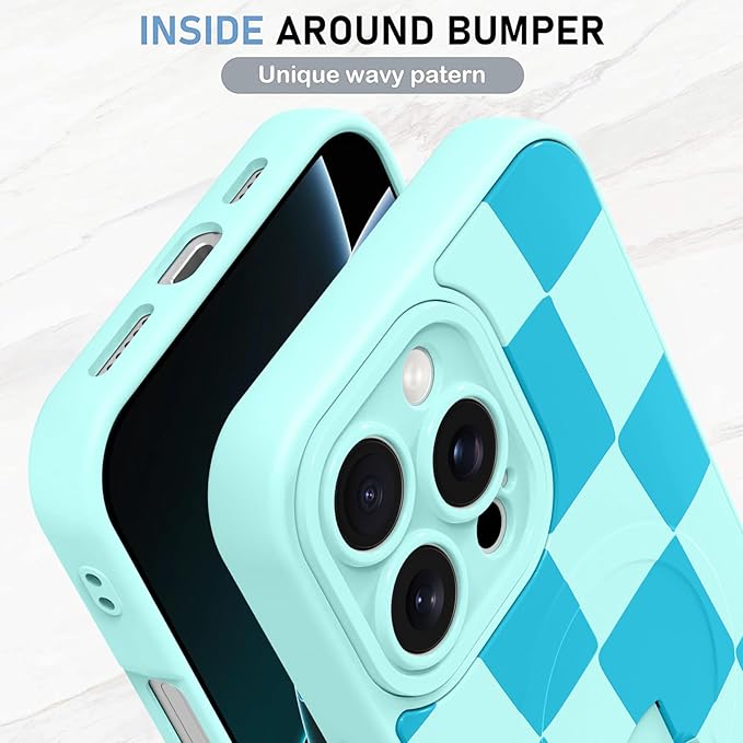 KANGHAR Compatible with iPhone 16 Pro Case, Support for MagSafe, Silicone Checkered Cute Pattern, Wristband Kickstand Camera Protection Soft Slim Cover for Girls Women -Blue