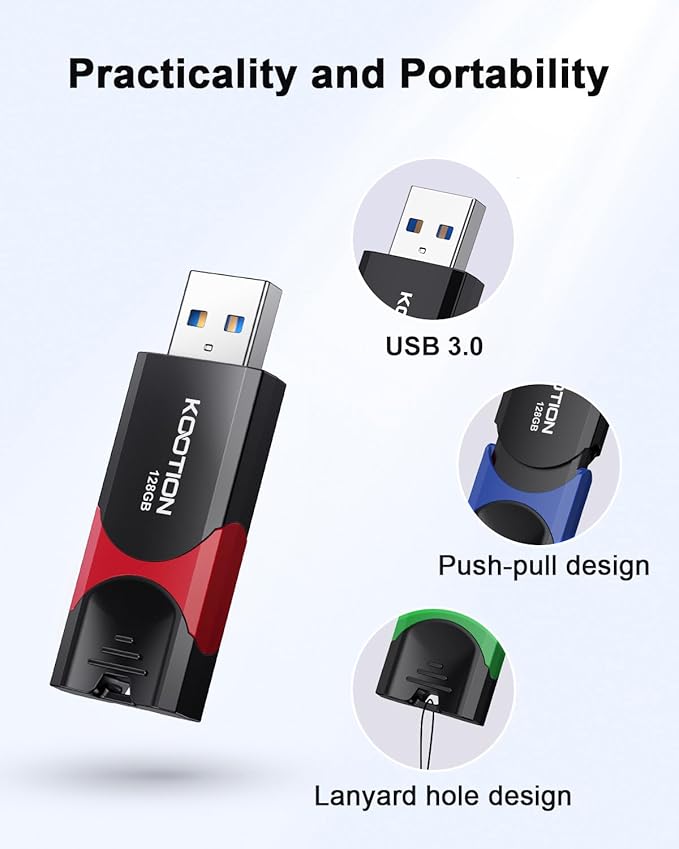 KOOTION 128GB USB 3.0 Flash Drive 3 Pack USB Flash Drives Multicolor USB Drive Retractable Thumb Drive Zip Drives High Speed Jump Drives with LED Indicator - 3Pack (Red, Green, Blue)