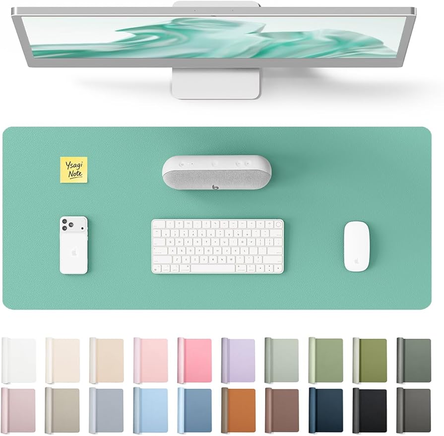 YSAGi Leather Desk Protector, Office Mat, Large Mouse Mat, Non-Slip PU Leather Blotter, Laptop Desk Pad, Waterproof Writing Pad for Office and Home (Green-Blue, 23.6" x 13.8")