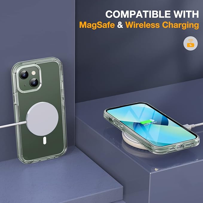 Miracase for iPhone 13 Case 6.1'',Full-Body Magnetic Clear Bumper Case with Built-in 9H Tempered Glass Screen Protector,Military Drop Protection Outdoor Phone Case,Clear