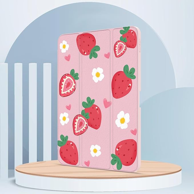 Case for iPad Pro 11-Inch M5/M4 2025/2024 (6th/5th Generation), Case with Pencil Holder, Clear Back Cover Cute Cool Design for Women Girls, Auto Sleep/Wake, Strawberry