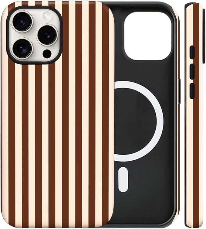 Magnetic for iPhone 13 Pro Max Case Cute Stripes Phone Case, Shockproof Slim TPU and Hard PC Protective Phone Cover Compatible with MagSafe Designed for Women Girls, Brown