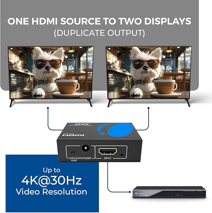 OREI HDMI Splitter 1 in 2 Out - For TV Mirror Only - Not for Multi Monitors, No HDCP bypass, USB Powered, No Adapter Included,1080P@60Hz & 4K@30Hz Resolutions – HDMI Splitter (HD-102)