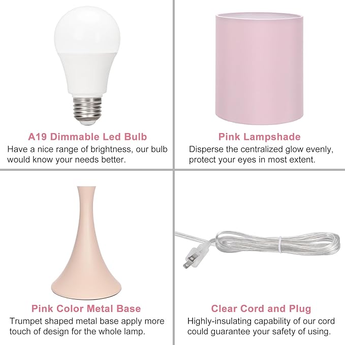 Seaside village Pink Touch Lamp, 3 Way Touch Control Desk Lamp, Bedside Dimmable Lamp Decorative Nightstand Lamp, Small Night Light for Girls, Living Room, Dorm, Home Office, 9W LED Bulb Included